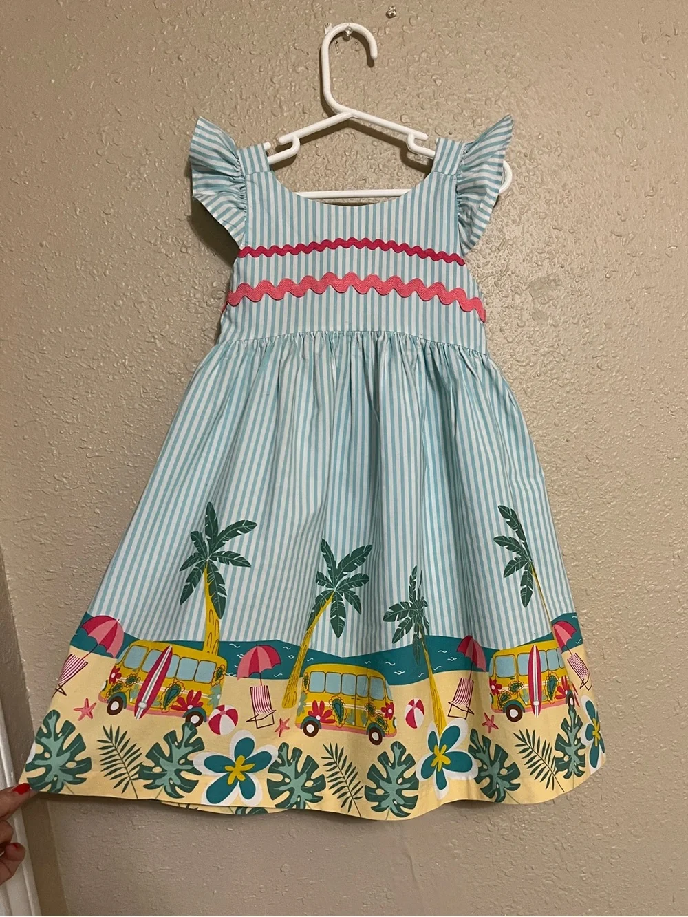 BONNIE JEAN Girls Blue Striped Flutter Beach Border Sundress with Pink Trim Sz 5